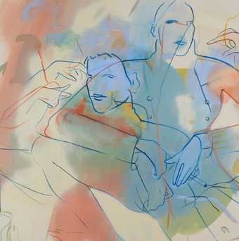 a painting with outlines of figures overlapping on a soft pastel coloured background.