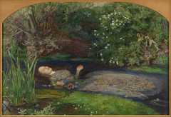 painting of Ophelia laying face upwards in a lake, wearing an embroidered dress and holding flowers