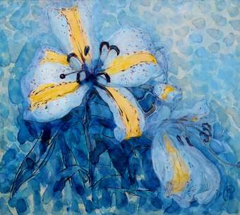 Two lilies painted in blue and yellow with checkered square shapes