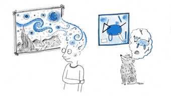illustration of a person and dog standing in front of a Van Gogh's Starry Night illustrated by rubyetc