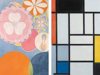two paintings appear side by side. The left painting consists of circles, circles and flowers in the colours orange, white, pink and blue. The right hand painting conists of a black grid with blocks of red, blue, white and yellow